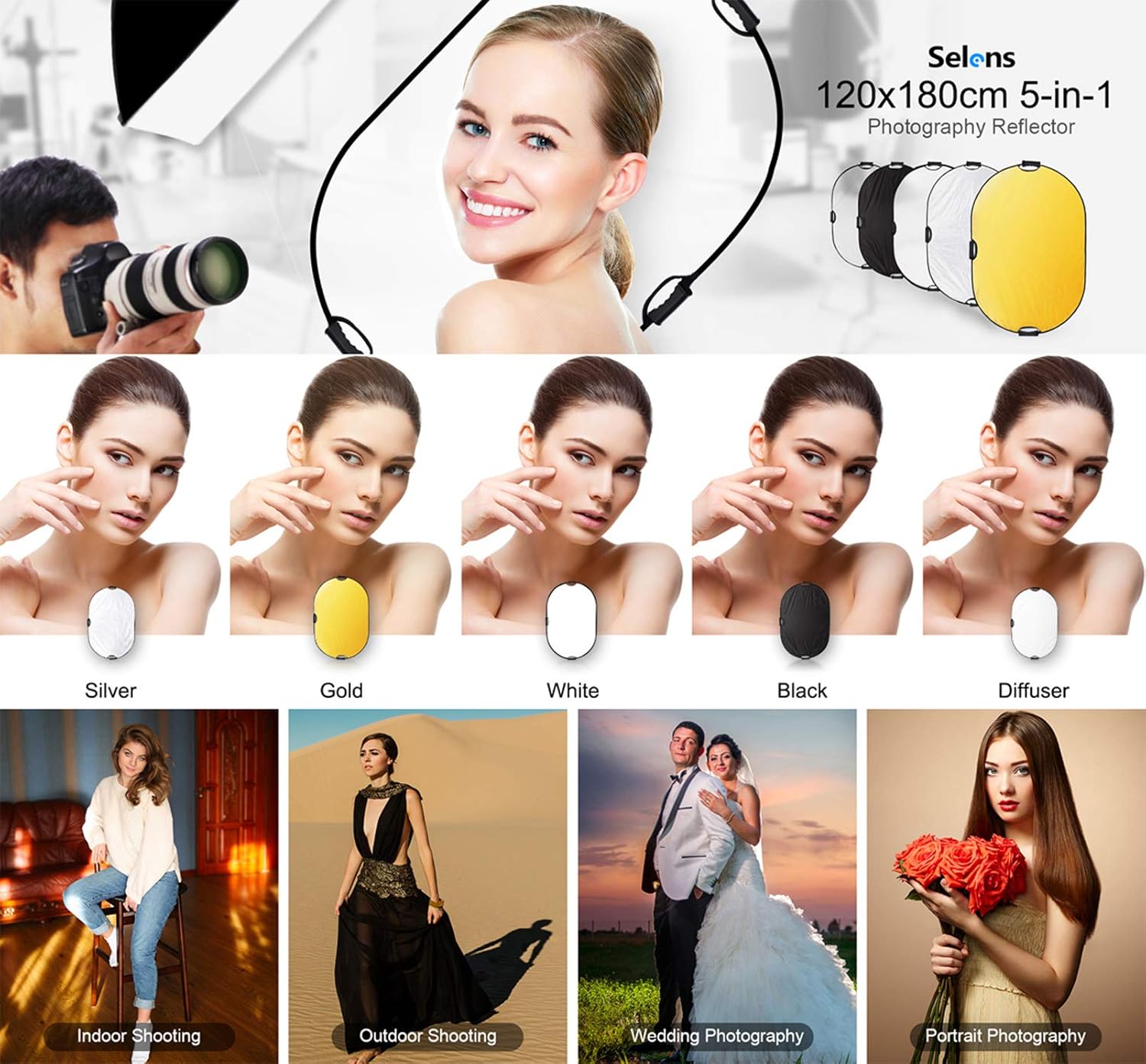 Selens 5 in 1 120x180cm Light Reflector Photography Diffuser Collapsible Portable with Handle Lighting Gold/Silver/White/Black/Translucent for Photo Studio Portrait Product Indoor Outdoor Shooting - Image 3