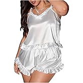 OYOANGLE Women's Plus Size Satin Pajama Set Tie Shoulder Cami Top and Ruffle Shorts Pjs Silky Sleepwear
