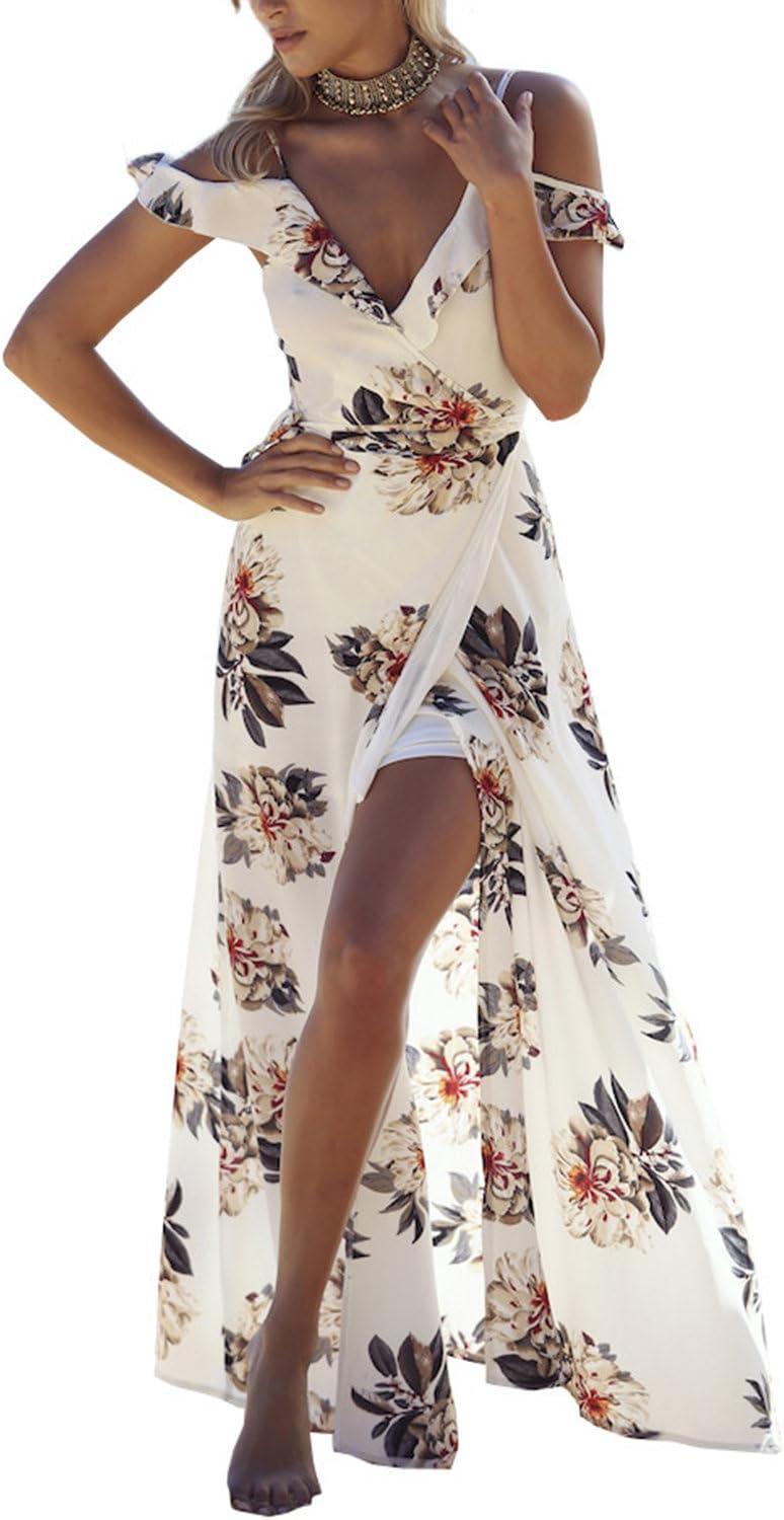 BerryGo Women's Boho Off Shoulder V Neck Split Floral Print Chiffon Wrap Maxi Dress White