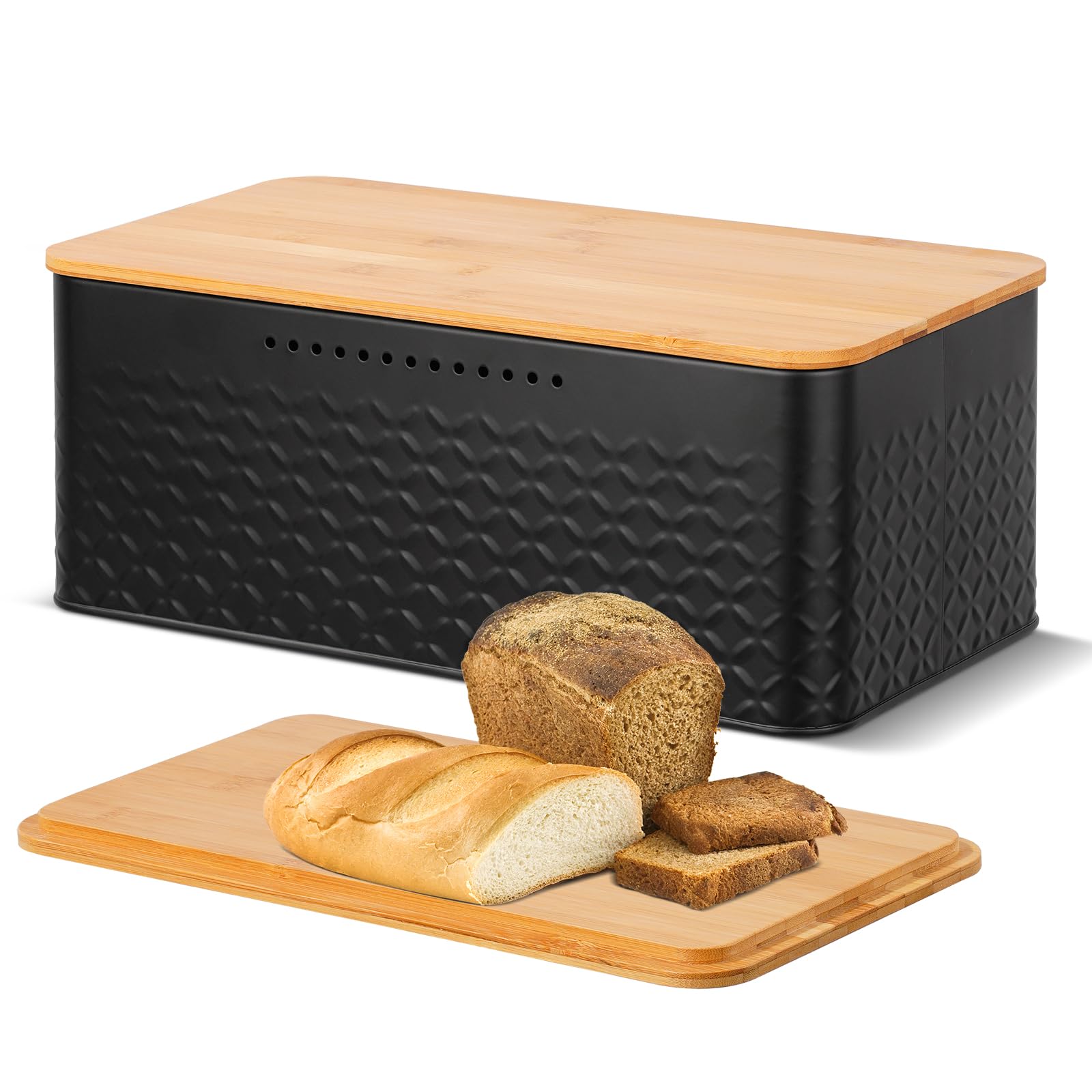 Photo 1 of *MINOR DAMAGE - USED*
Phyllia Bread Box, Metal Bread Storage Container with Bamboo Lid Usable as Cutting Board, Breadbox Holder for Kitchen Countertop, 13 x 7 x 5.3 inch (Black)