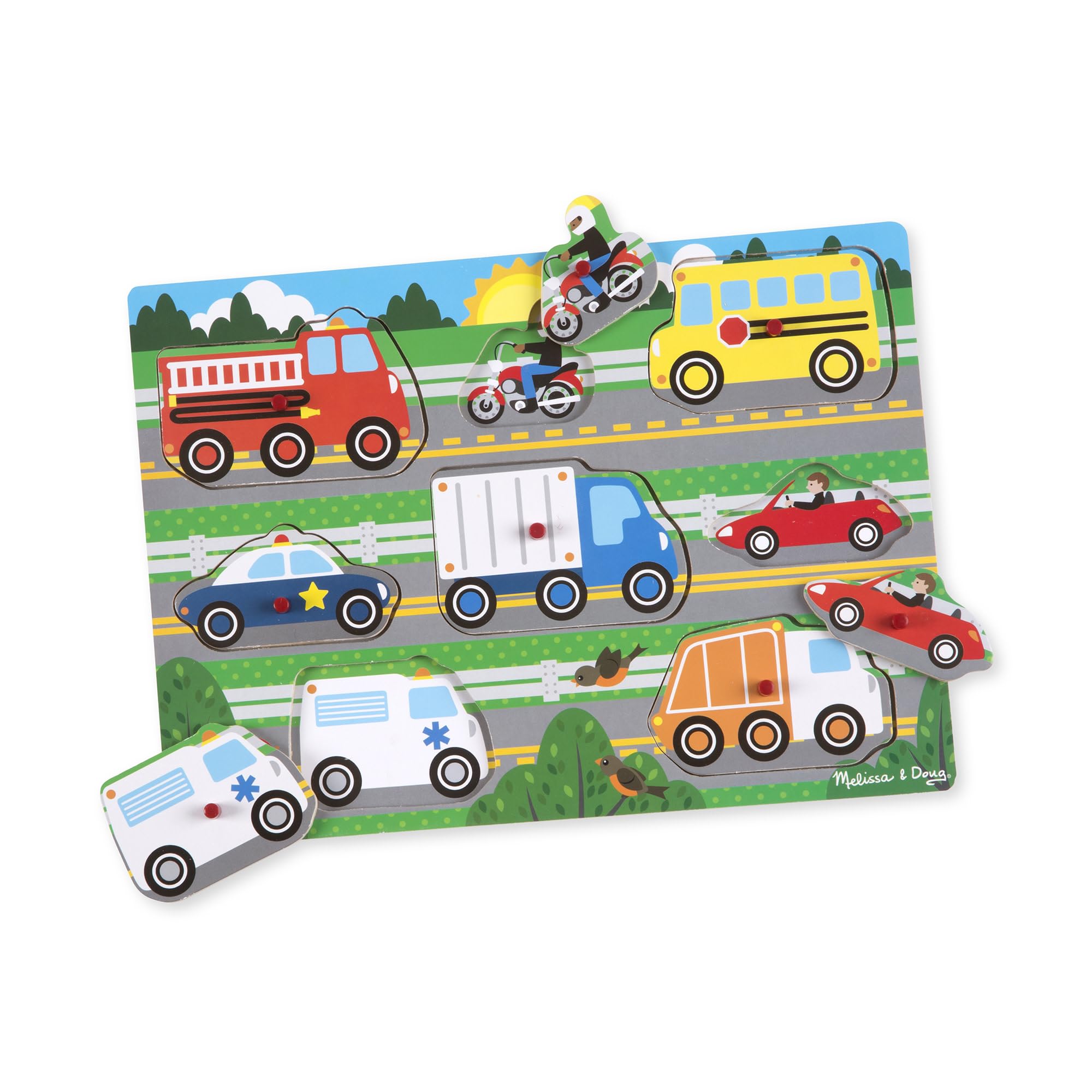 Melissa & Doug Wooden Vehicle Peg Puzzle – Interactive Learning Toy for Toddlers, Educational Gift for Kids Age 2 Plus