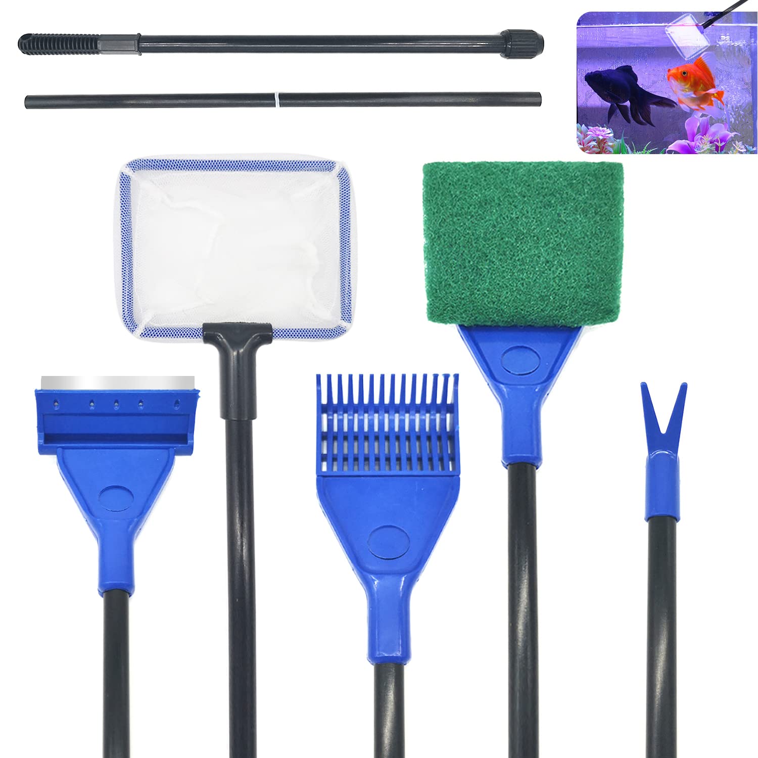 5 in 1 Fish Tank Cleaning Kit, Aquarium Cleaning Kit, Telescopic Rod with Fish Net, Algae Scraper, Plant Fork, Cleaning Sponge, Gravel Rake