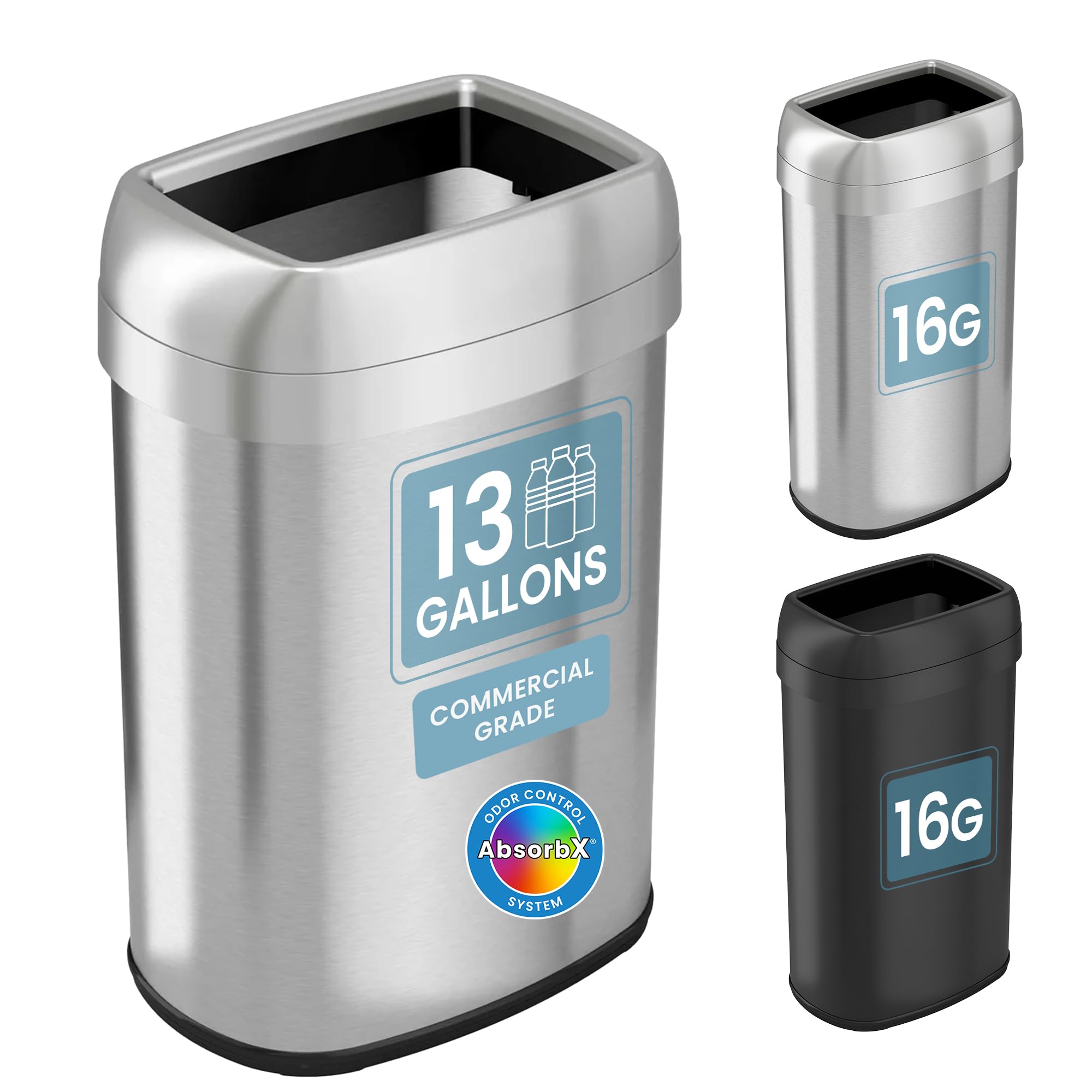 Photo 1 of *Dented* iTouchless 13 Gallon / 50L Open Top Trash Can, Oval Stainless Steel with Double AbsorbX Odor Filters – Fingerprint-Resistant Modern Kitchen and Office Waste Bin for Hassle-Free Disposal