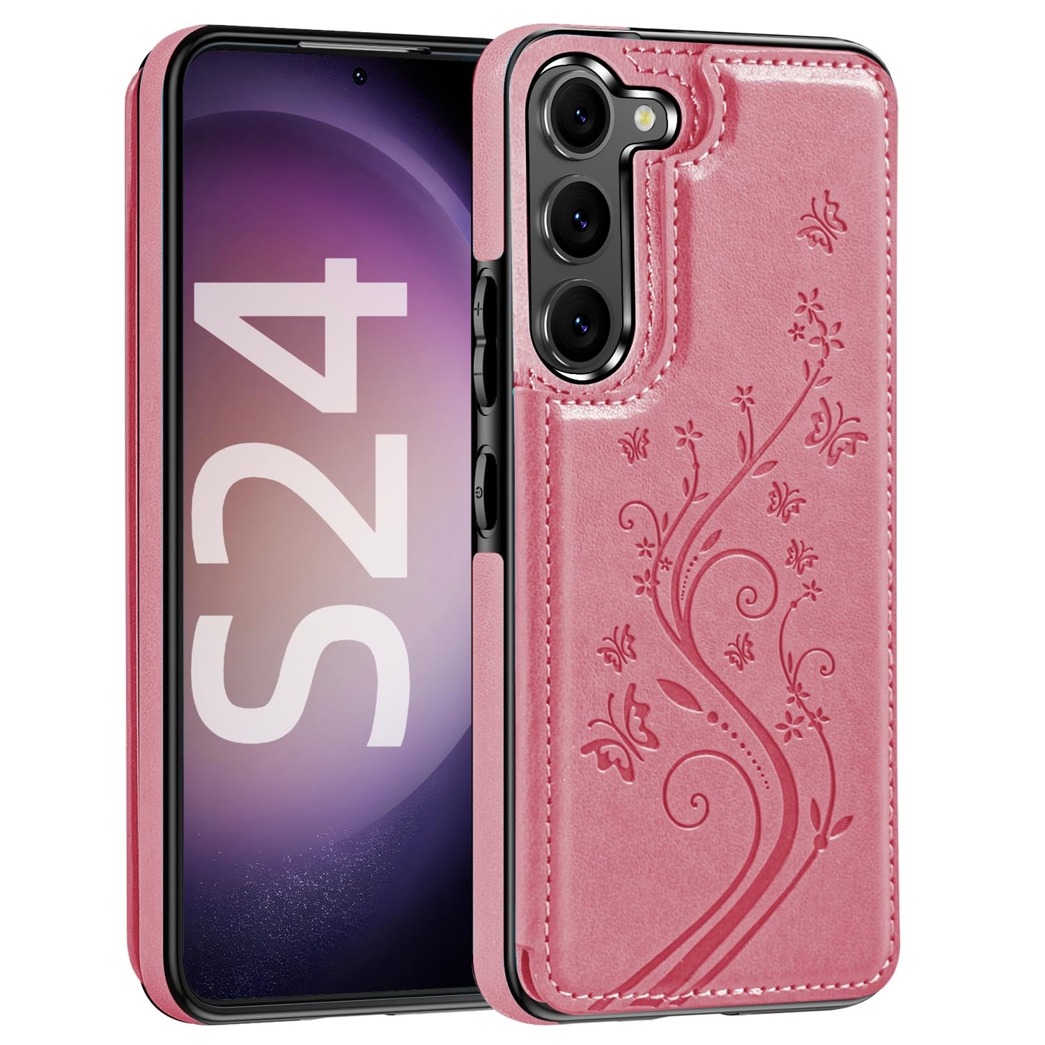Korecase Wallet Case for Samsung Galaxy S24 with Card Holder,Butterfly Floral PU Leather Purse Cover,Slim Flip Phone Case for Women,Pink