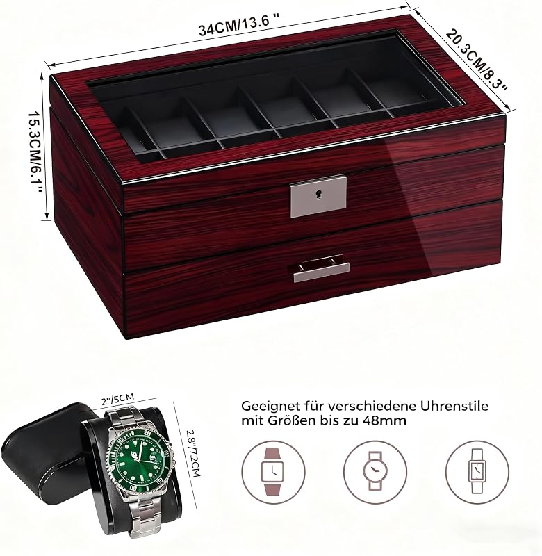 Uhrenbox 12 Fächern für Herren,2 Ebenen Uhrenkasten mit Glasdeckel