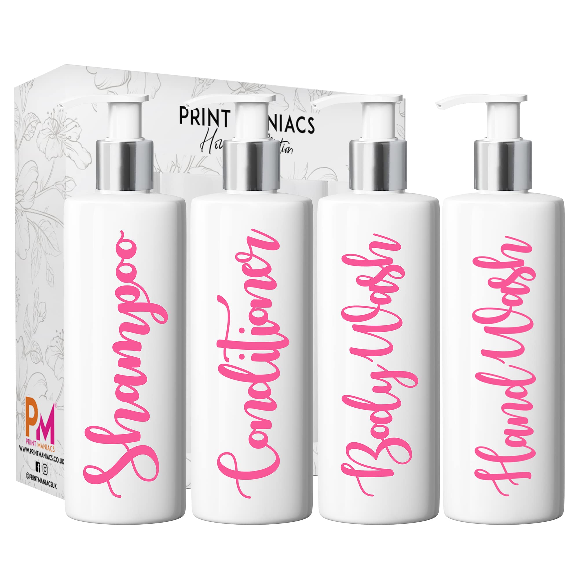 Print Maniacs White Mrs Hinch Inspired Personalised 500ml Pump Bottles Bathroom Lotion Kitchen Set Shampoo Conditioner ( Hand Wash Set ) (Baby Pink)
