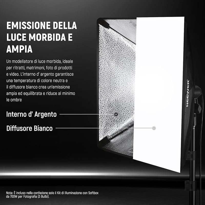 Kit di Illuminazione Softbox Equivalente a 700W, Confezione da 3 Lampadine LED 5700K, Softbox 61x61 cm con Attacco E26, Kit di Illuminazione Continua per Fotografia e Studio Fotografico