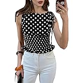 Floerns Women's Polka Dots Shirred Peplum Tops Sleeveless Boat Neck Vintage Blouse Shirts
