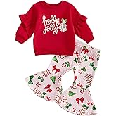 SHUING Baby Girl Christmas Outfit Holly Jolly Long Sleeve Pullover and Bow Tree Elastic Flare Pants Set Toddler Fall Clothes