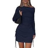 PRETTYGARDEN Long Sleeve Dress for Women 2026 Fall Off The Shoulder Cocktail Party Spring Mini Ruched Bodycon Dresses