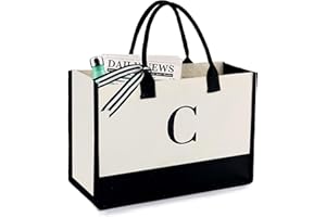 BeeGreen Canvas Tote Bag Funny Birthday Gifts for Women Teachers Friend Customized Gifts for Coworkers Mom Bridesmaid Gift Baskets Empty Monogrammed Tote Bags Initial Christmas Gifts Embroidery C