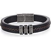 Jeweidea Personalized Leather Bracelet with Name Beads, Custom Braided Bangle Father's Day Engraved Jewelry Gifts for Men Dad Him Husband