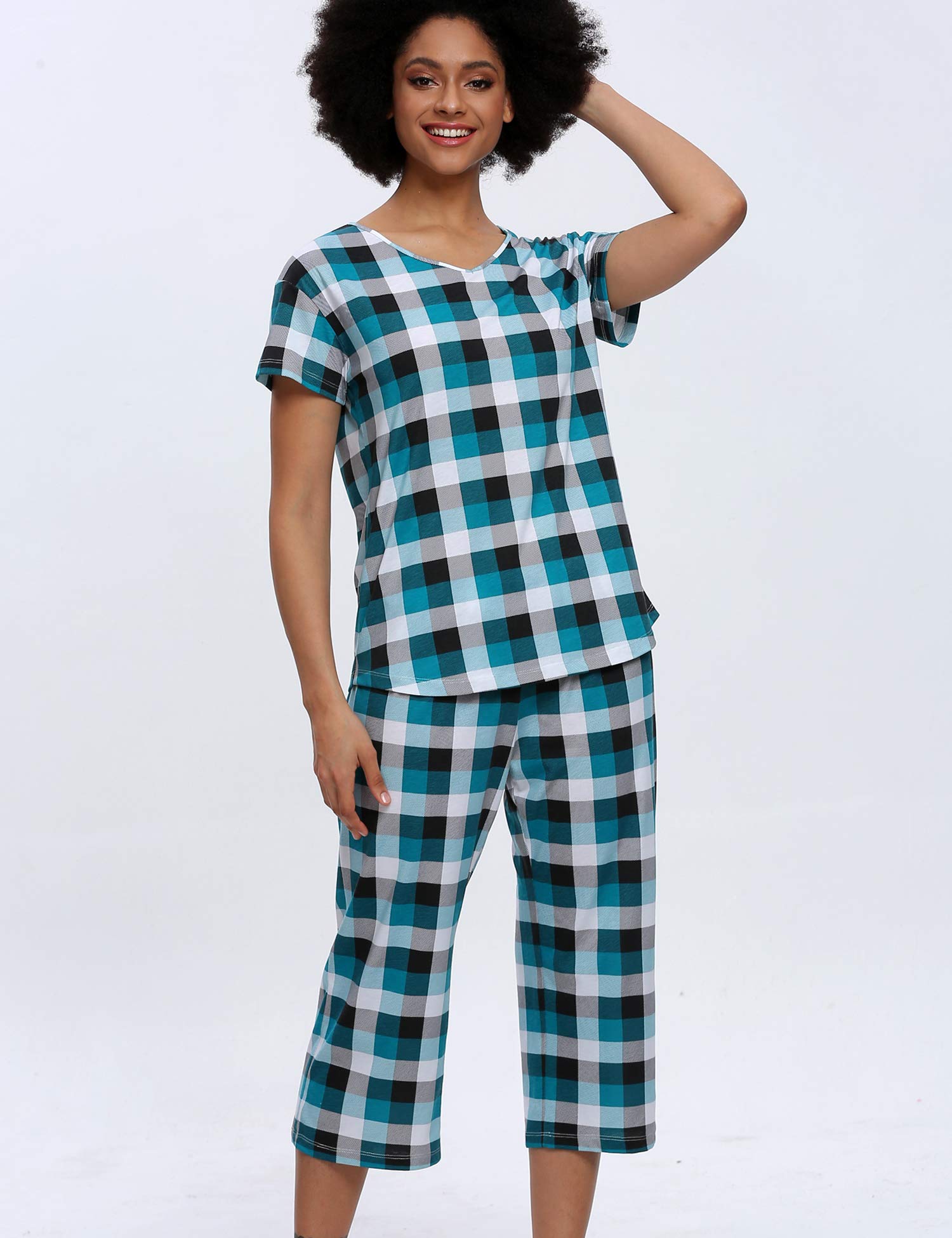 ENJOYNIGHT Pajamas Set Women\'s Cute Tops with Capri Pants Sleepwear Sets Plus Pj Lounge Nightgowns (Lattice G, XXX-Large)