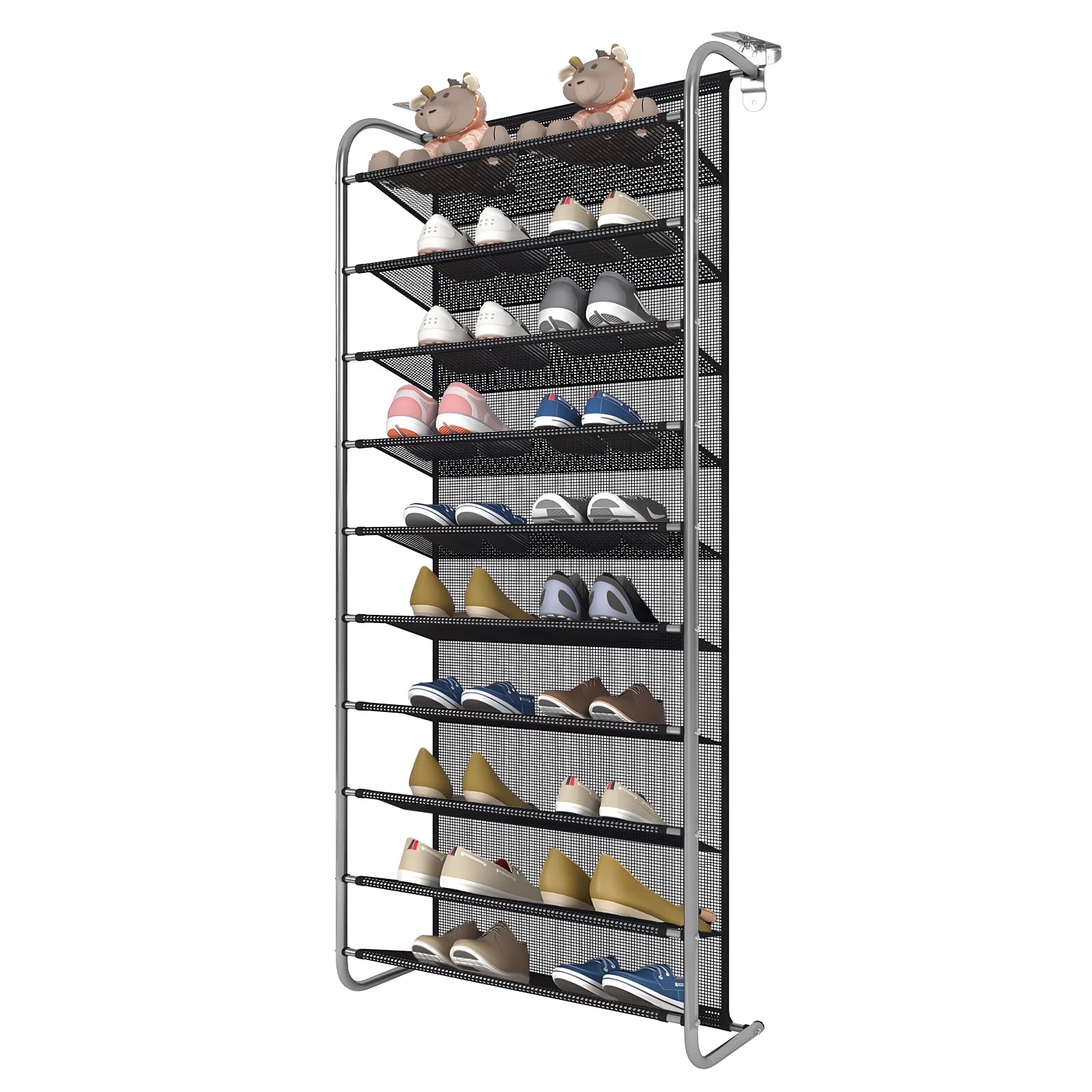 DBREAKS 10-Tier Adjustable Gray Shoe Rack, Hanging Storage, Door Organizer Shelf, Metal Hook, Space Saving