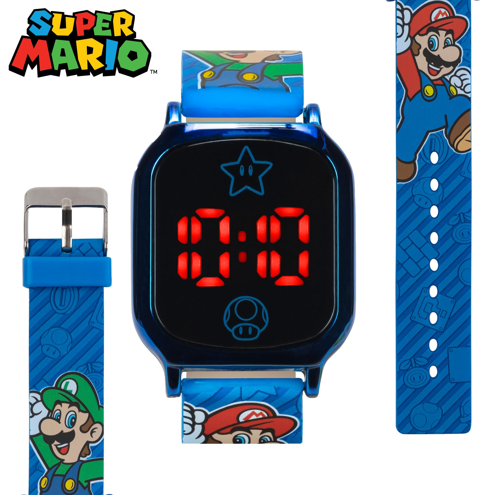 Accutime Super Mario Kids Touch-Activated LED Watch - Digital Time Display, Blue Alloy Case, Soft Silicone Strap, Fun Mario & Luigi Design - Fits Wrists 5.5