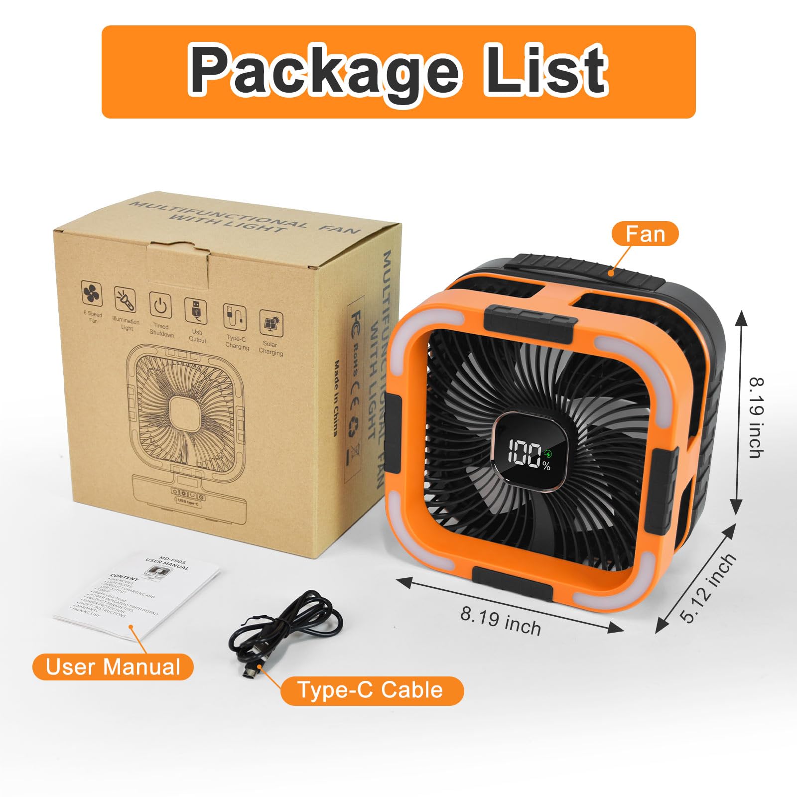 Portable Camping Fan with Solar Panel, 10000mAh Solar Powered fan, 6 Speed Levels, 120° Oscillation, 3 Light Modes, 6H Timer, Handle, Foldable Rechargeable Outdoor Fan for Tent, Hiking, Beach