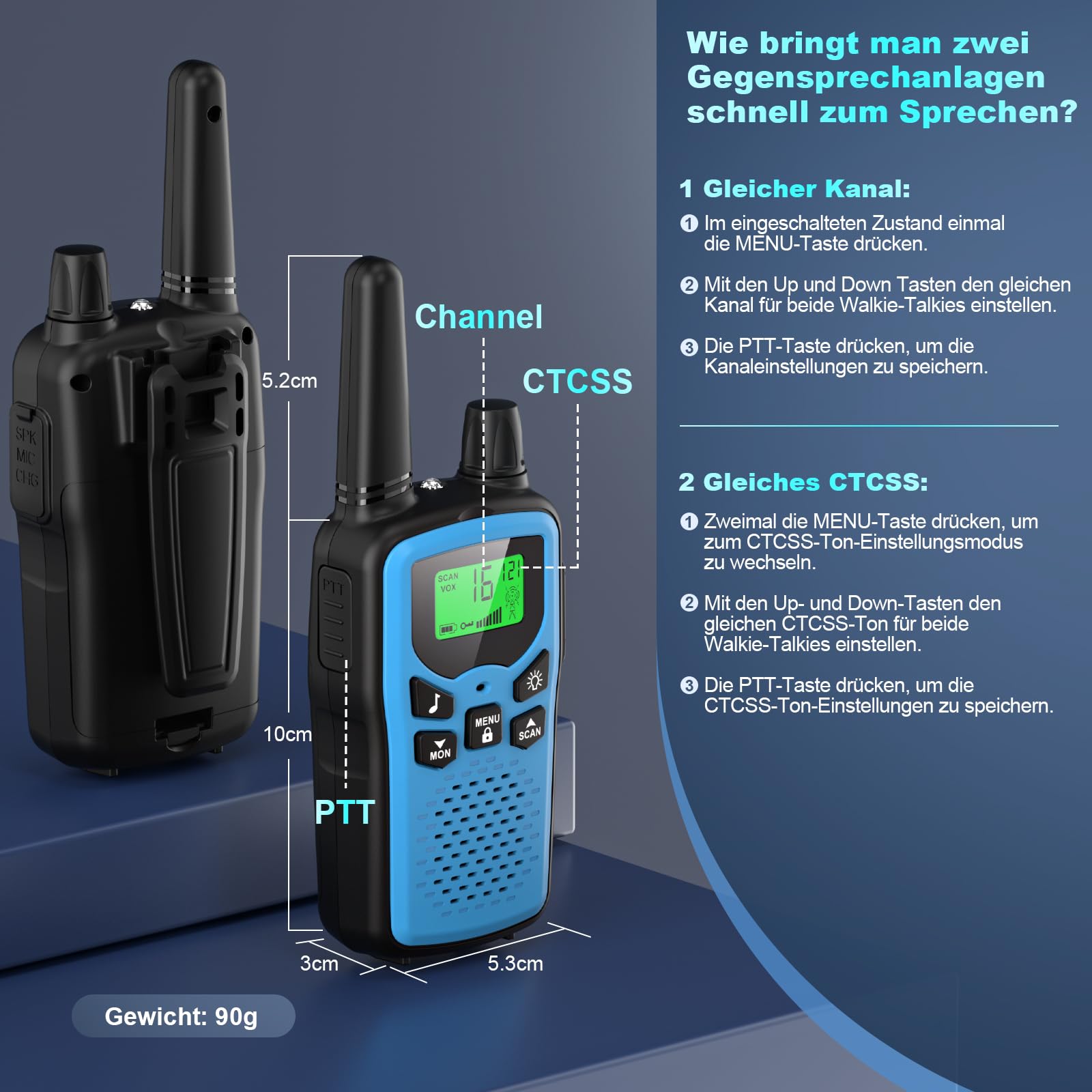 Walkie Talkie 3er Set Kinder Aufladbar, Rabigala Funkgeräte mit 5km großer Reichweite für Erwachsene, Li-ion Akku, VOX Freisprecheinrichtung, Taschenlampe LED, LCD 3