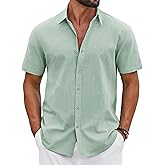 COOFANDY Mens Button Down Shirts Short Sleeve Casual Shirt Cotton Summer Beach Linen Wedding Shirts