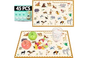 KAshack 45 Pack Sticky Disposable Placemats for Baby,Cute ABC Animal Placemat Kids Table Mat for Party, Picnic Table, Restaurants Dining Table Travel Essentials for Toddler（Alphabe Animal,45 Pack）