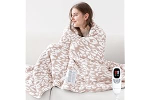 MH MYLUNE HOME Leopard Print Heated Throw Blanket, ETL & FCC Certified Electric Blanket, Washable Heated Blanket Throw, 9 Heating Levels & 10 Hours Auto-Off, Soft Heating Blanket - Khaki, 50"x60"