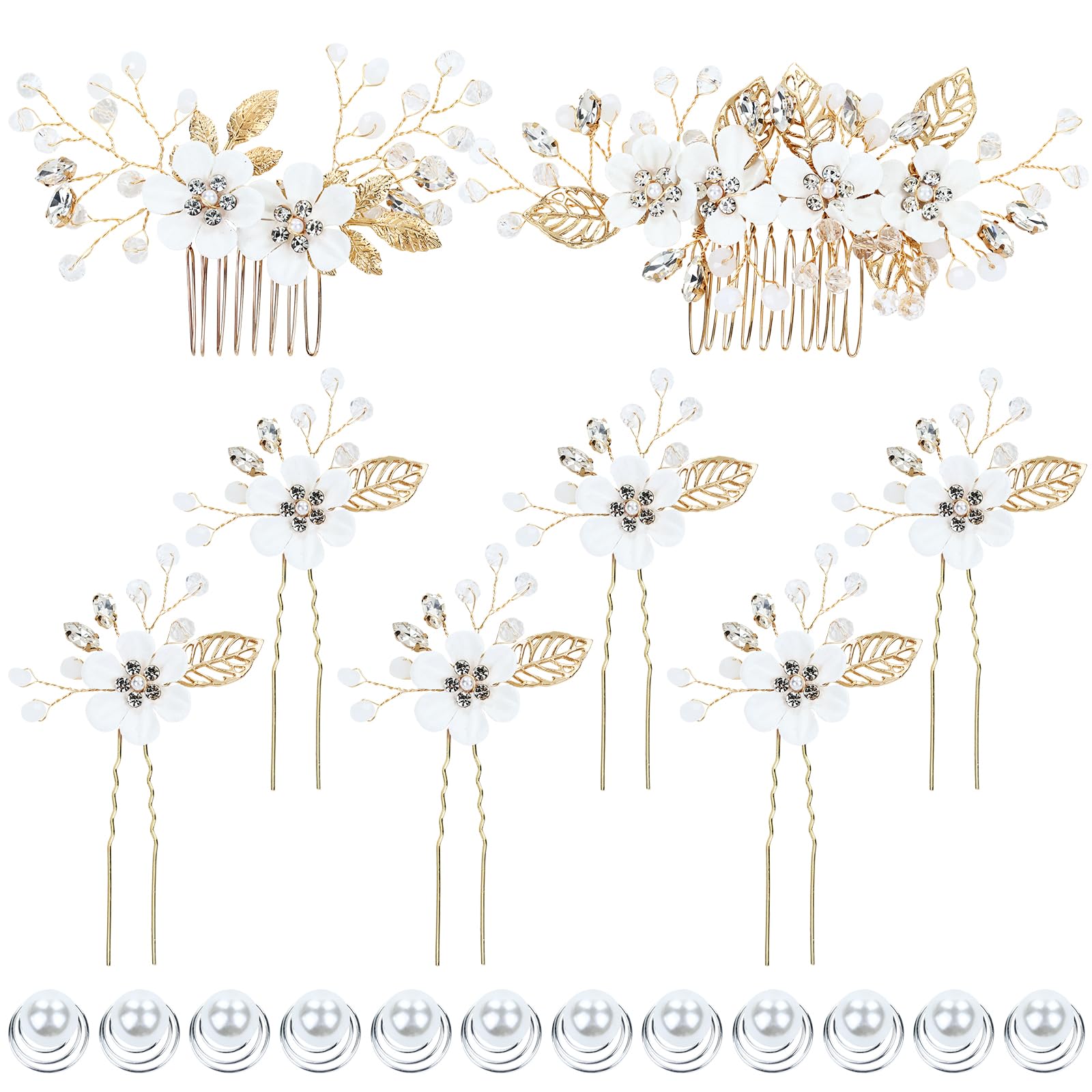 Dizila 20 Pieces Bridal Wedding Party Prom Rhinestone Pearl Gold White Flower Hair Side Combs Slides+U-shaped Flower Hair Pins+Twist Spiral Pearl Hair Pins Headpieces for Brides Bridesmaids Women Girl