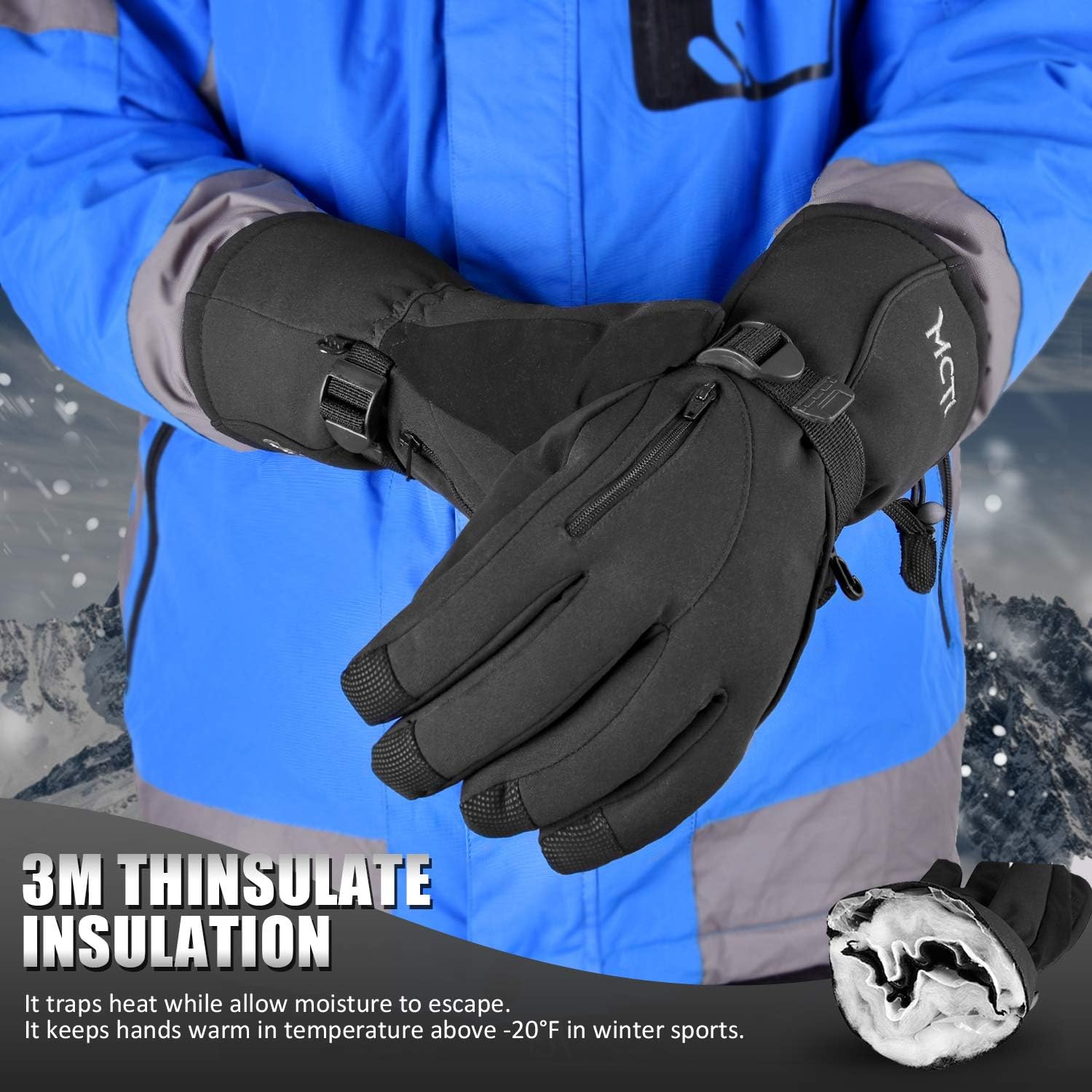 MCTi Waterproof Mens Ski Gloves Winter Warm 3M Thinsulate Snowboard Snowmobile Cold Weather Gloves : Clothing