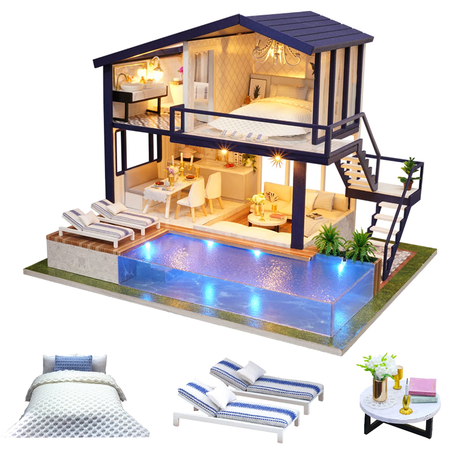 CUTEROOM DIY Miniature House Kits for Adult, Wooden Dolls House Handcraft Creative Room for Decoration, Model House Kit with Furniture- Swimming Pool