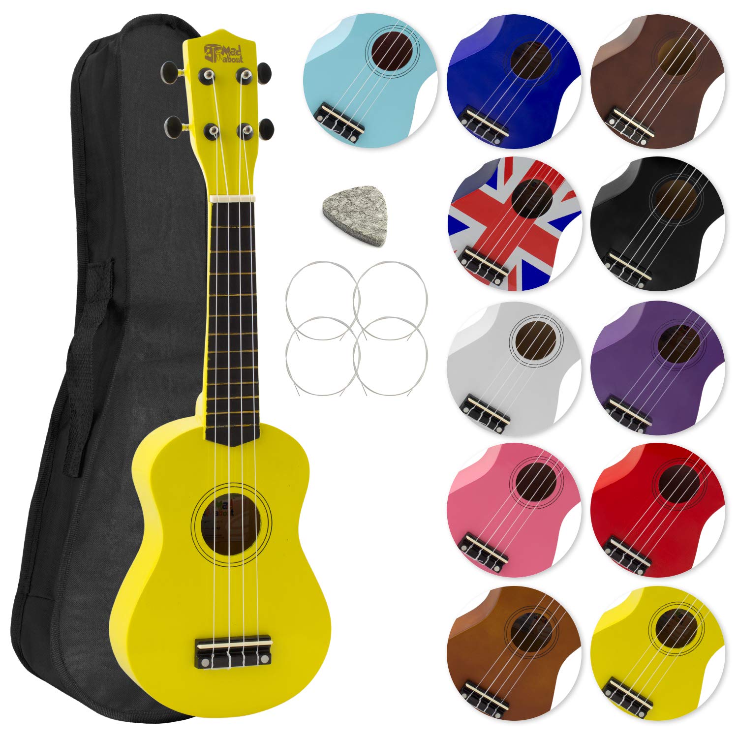 Mad About SU8 Soprano Ukulele with FREE Gig Bag, Pick, and Spare Strings – Great for Schools and Beginners, Now With Carbon Black Strings for Improved Tuning - Yellow