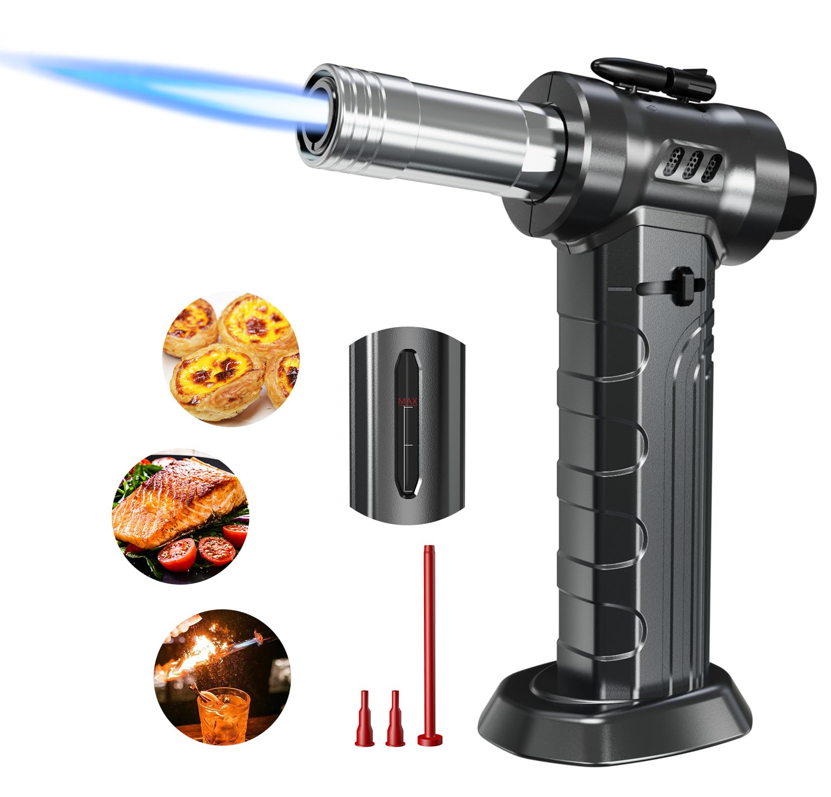 Photo 1 of Megainvo Dual Flame Butane Torch Lighter, 18g Large Capacity Refillable Kitchen Torch w/Visible Window & Safety Lock, Adjustable Flame Blow Torch for Cooking DIY Creme Brulee - No Gas Included