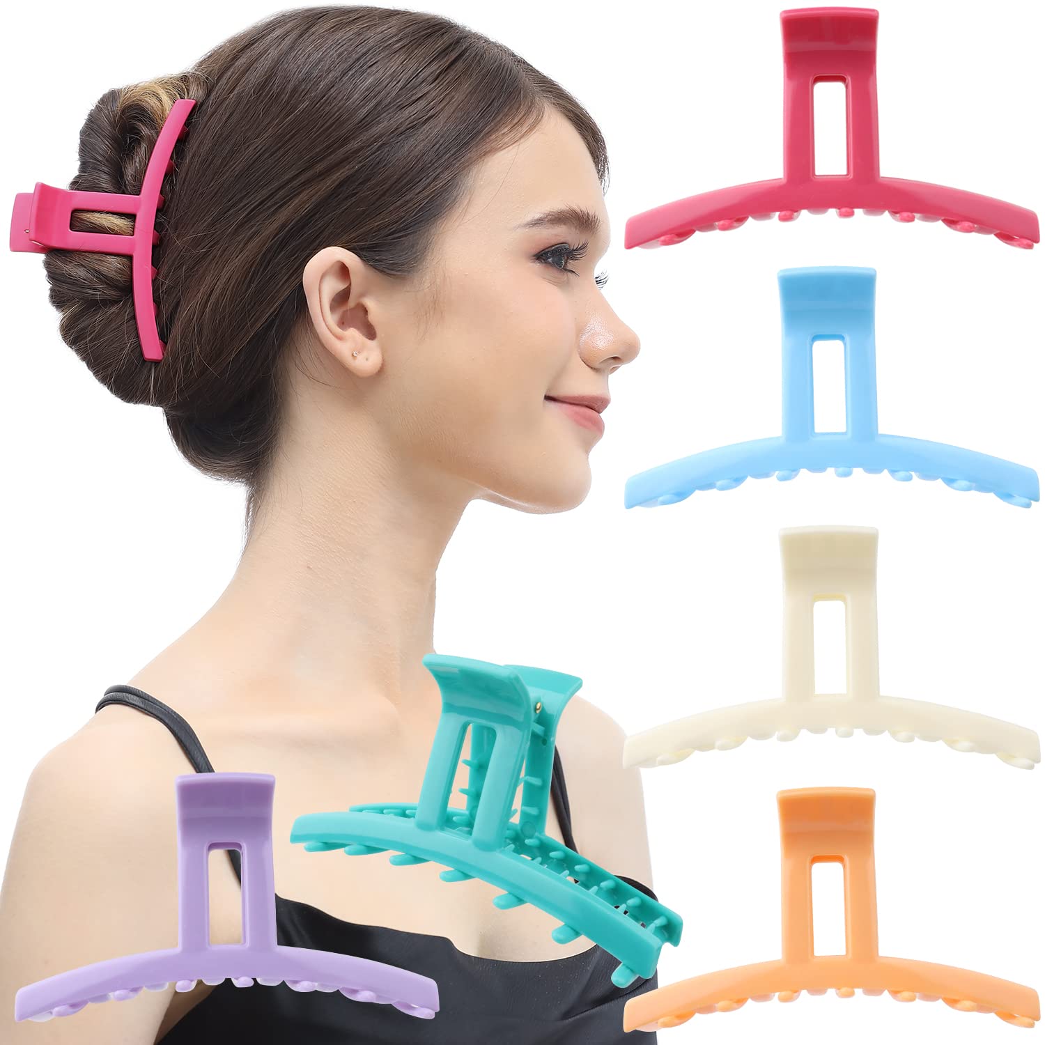 RC ROCHE ORNAMENT 6 Pcs Womens Strong Hold Claw Thick Hair Clip No Slip Grip Strong Spring Teeth Claw Jaw Clamp Beauty Fashion Ladies Classic Plastic Clips, Large Pastel Multicolor