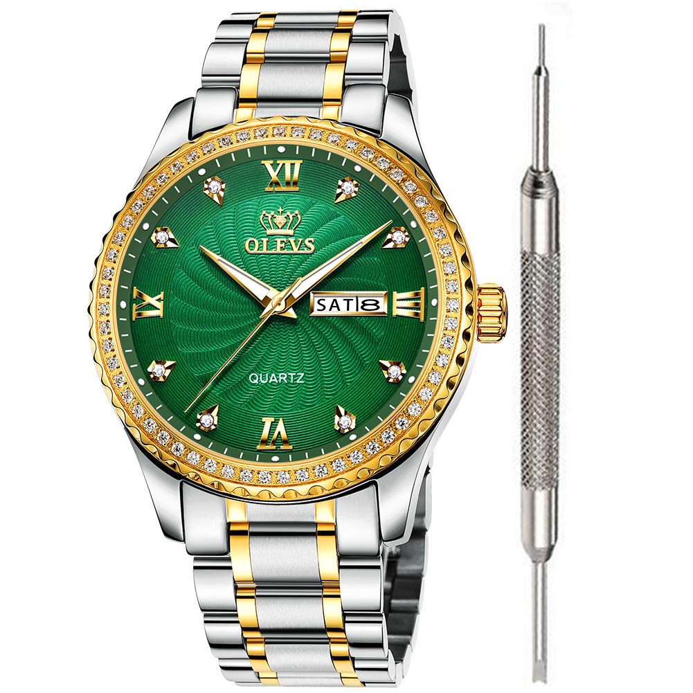 OLEVS Green Diamond Watches for Men Waterproof Mens Fine Best Business Casual Watch Calendar Week Analog Quartz Watch Stainless Steel Classic Wrist Watch Christmas Day Gifts
