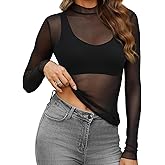 CITUYER Women's Floral Lace Mesh Long Sleeve Top - Mock Neck Sheer See Through Sexy Fitted Blouse for Party Club Night Out