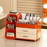 KQJS Makeup Organizer with Drawers,Large Capacity Countertop Organizer for Vanity,Bathroom and Bedroom Desk Cosmetics Organizer,Easy To Storage Skincare,Brushes,Lotions,Lipstick (Red and Cream)