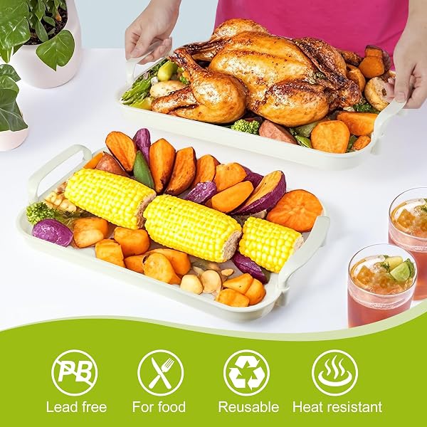 ZUFUDO 3 PACK SERVING TRAY WITH HANDLES, STACKABLE REUSABLE TRAYS FOR SERVING FOOD, PLASTIC SERVING PLATTERS FOR PARTY, CHARCUTERIE, FRUIT, APPETIZER, SOLID CREAM