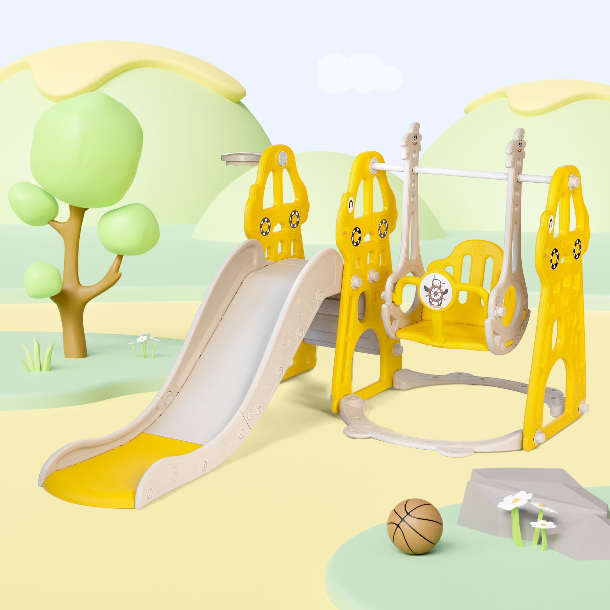 Photo 1 of 4 in 1 Toddler Slide and Swing Set, Kid Slide for Toddlers Age 1-2, Baby Slide with Basketball Hoop, Indoor Outdoor Slide Toddler Playset Toddler Playground – Yellow