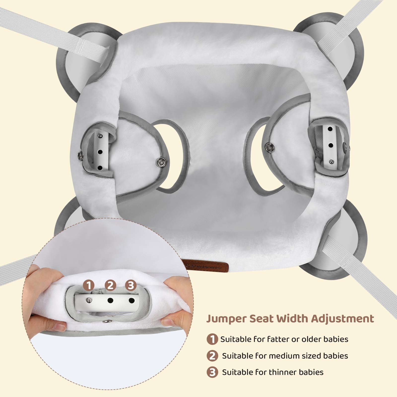 Cowiewie Door Jumper for Baby with Adjustable Seat and Strap, Fun Activity for 6-12 Months Baby Infant, Ultra Soft Flannel, White