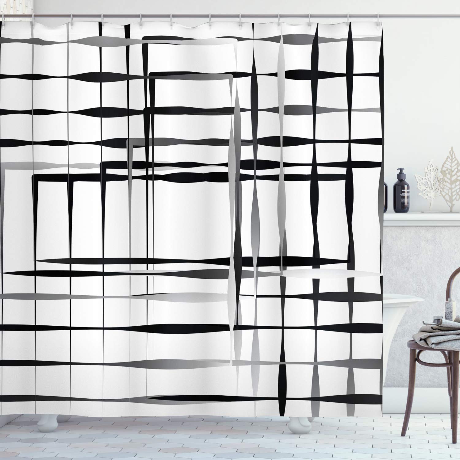 ABAKUHAUS Modern Art Shower Curtain, Minimalist Image Simplistic Spaces and Spare Asymmetric Grids Lines, Cloth Fabric Bathroom Decor Set with Hooks, 70 Inches, Black White
