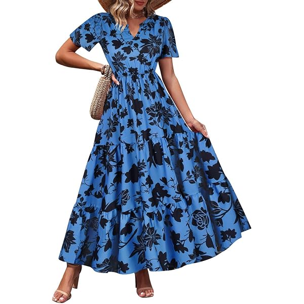 TIYOMI Women Plus Size Boho Maxi Dress - V Neck Short Sleeve Floral Beach Dress (XL-5XL) - View #9
