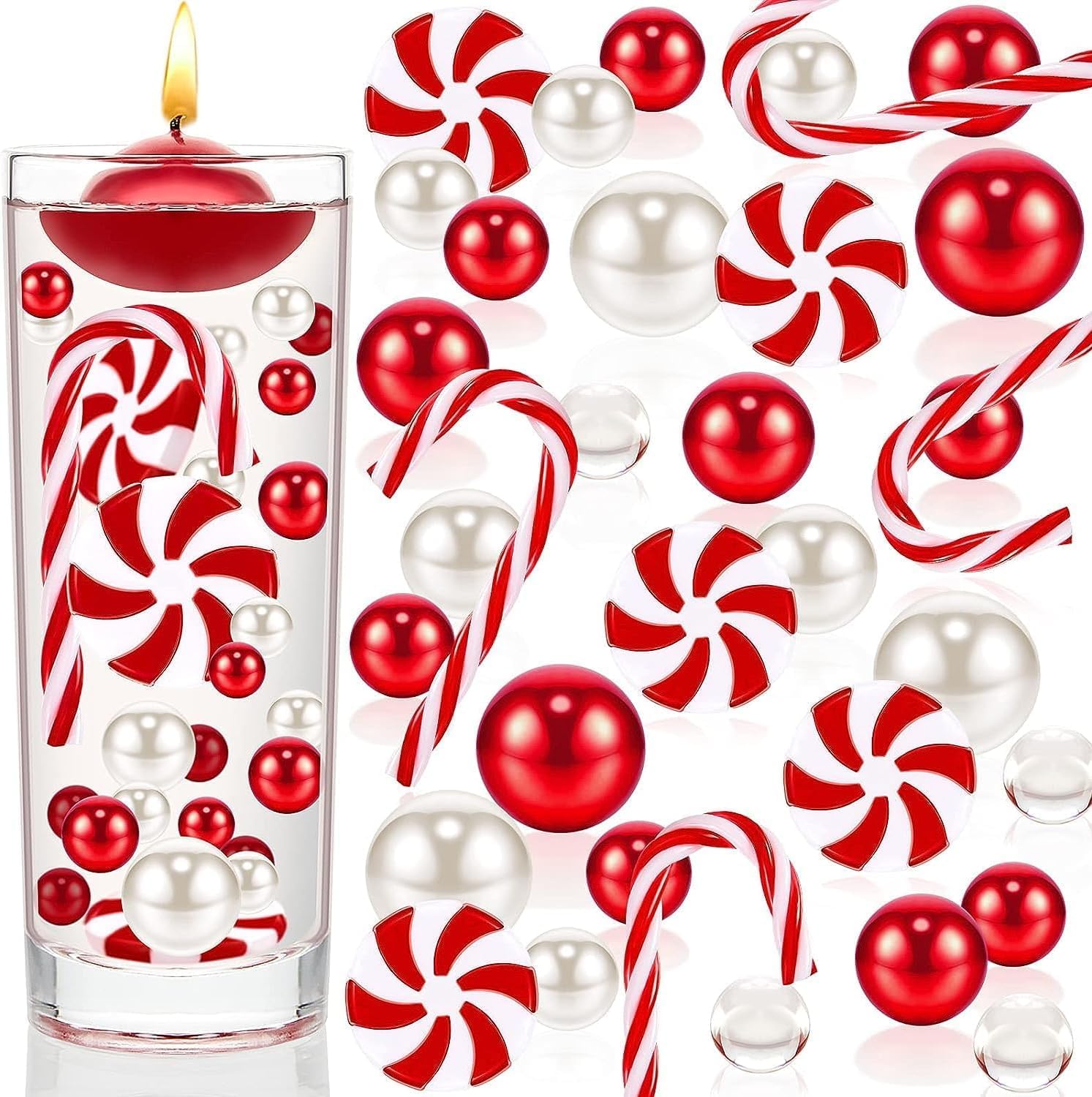 Vase Fillers - Cqueni Christmas Vase Filler 10091 PCS Red White Floating Pearls Vase Filler Clear Water Beads Candy Cane Christmas Vase Filler for Holiday Party Decor