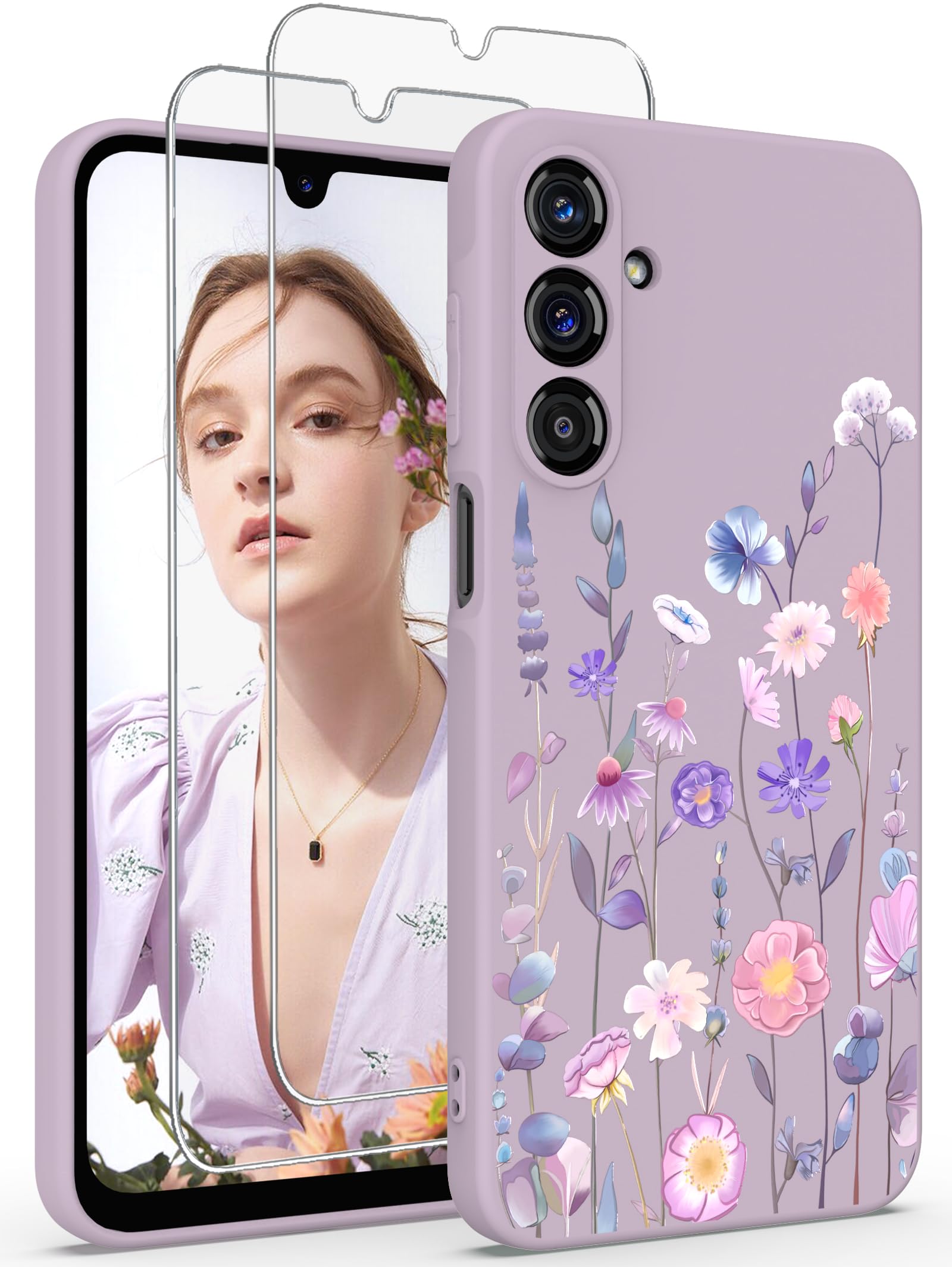 Yucenx for Samsung Galaxy A17 5G Case, Girls Women Florals Liquid Silicone Phone Case, Shockproof Anti-Scratch Soft Protection Case with 2X Screen Protectors for Galaxy A17 5G (Colorful)