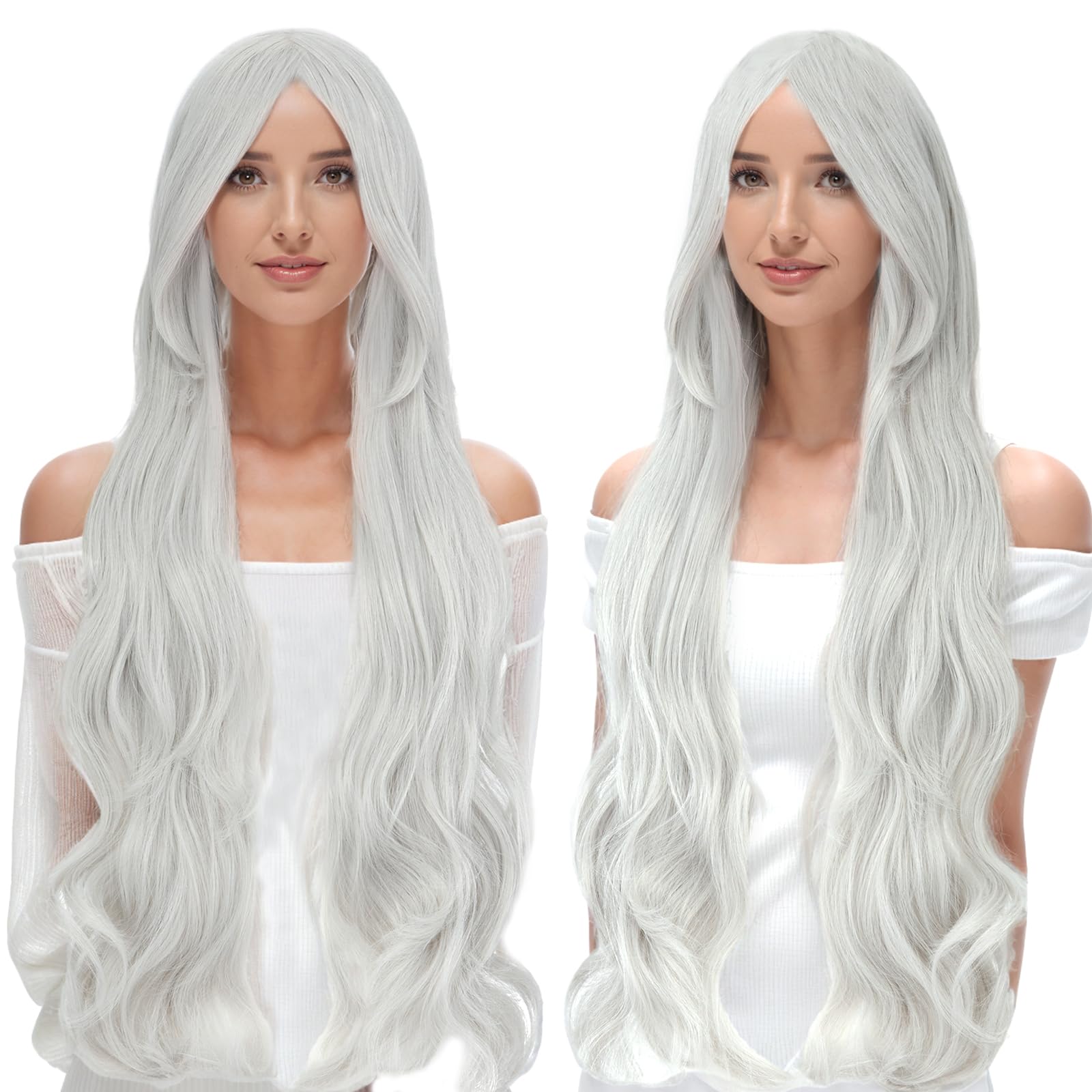 BUYOGET Hair Cosplay Wig with Bangs Grey 32 Inches Long Wavy Wigs for Women Lady Halloween Anime Party โ image 1