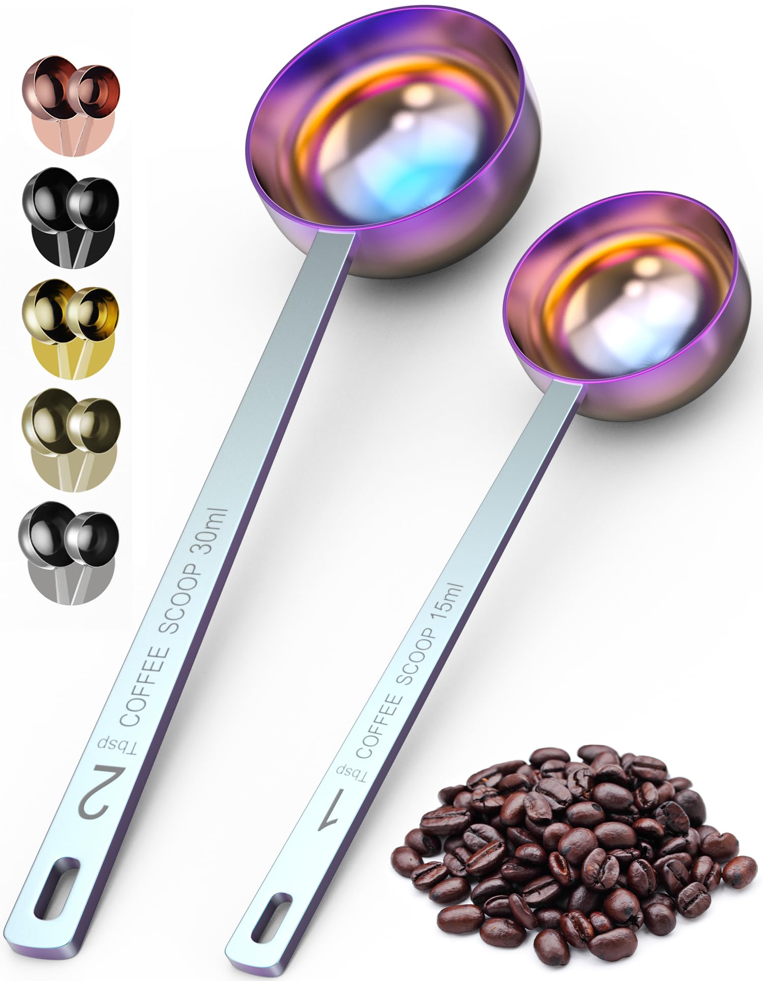 ORBLUE Stainless Steel Coffee Scoop Set 2 Pack – 1 Tbsp (15 ml) & 2 Tbsp (30 ml) Coffee Measuring Spoons with Long Handle, Dishwasher Safe Gift for Coffee Lovers – Multicolored