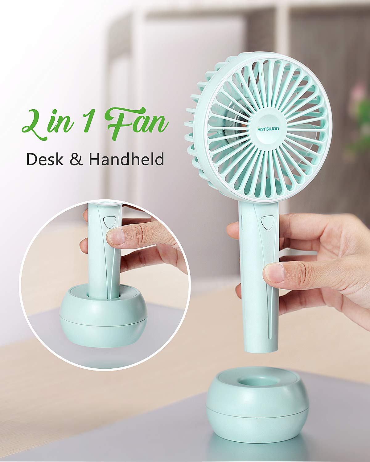 HAMSWAN AG20 Mini USB Desk Handheld Fan Rechargeable Fish Tail Portable Fan (White)