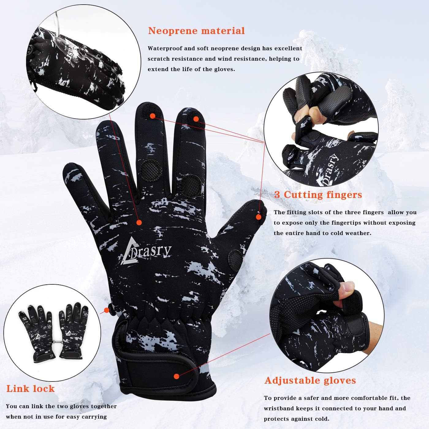 Drasry Neoprene Fishing Gloves Touchscreen 3 Cut Fingers Warm Cold Weather Waterproof Suitable for Men and Women Ice Fishing Fly Fishing Photography Motorcycle Running Shooting : Sports & Outdoors