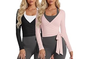 Coume 2 Pack Women’s Ballet Pilates Wrap Top Long Sleeve Tie Front Shrug Yoga Shirt Y2k Workout Active Blouses Crop Tops