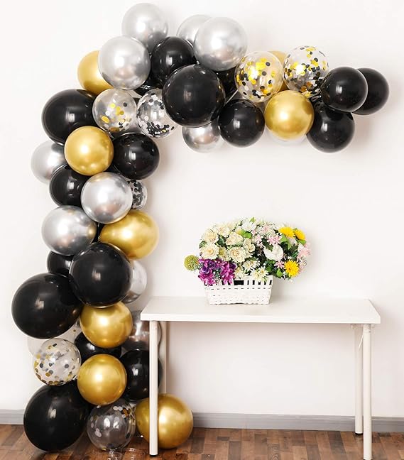 Black Gold Silver Balloon Garland Kit, 12Inch Balloon