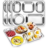 Nexboraque 4 Pack 304 Stainless Steel Divided Plates Tray, 5 Sections Small Rectangular Dinner Plates Control Plates for Kids, Picky Eaters, Campers, Diet Food Portion Control