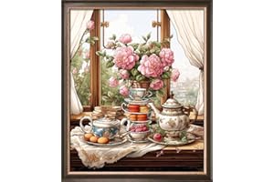 Leczany Cross Stitch Stamped Kit for Adults - Tea Time | DIY Embroidery Starter Patterns Craft Kit Needlepoint for Beginner | 11CT, 3 Strands | 13.8x16.9 inches