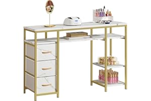 DWVO Nail Desk, Manicure Table, Marbling Texture Manicure Station with 3 Drawers, Nail Tech Desk for Beauty Salon Spa (White)