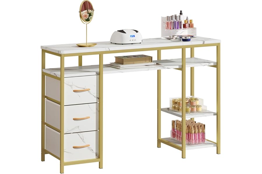 DWVO Nail Desk, Manicure Table, Marbling Texture Manicure Station with 3 Drawers, Nail Tech Desk for Beauty Salon Spa (White)